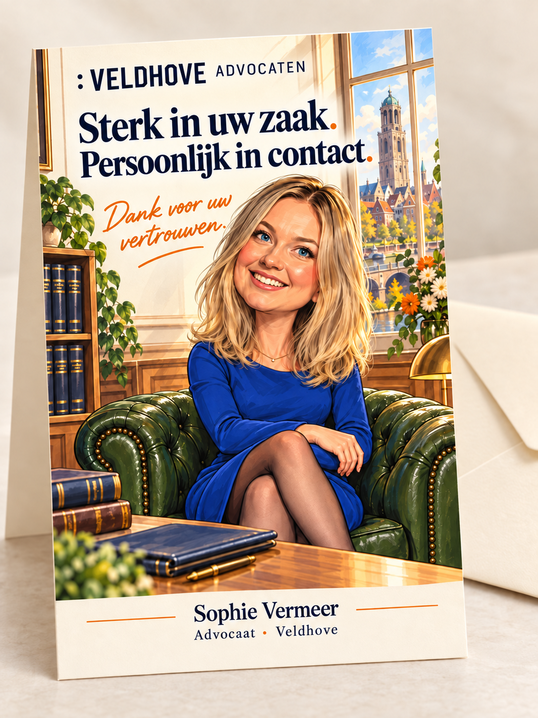 Karikatuurkaart van Sophie Vermeer · Veldhove: gevouwen kaart met envelop